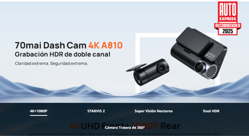 70mai Dashcam cámara salpicadero coche A810 nocturna 4K Coche Práctico