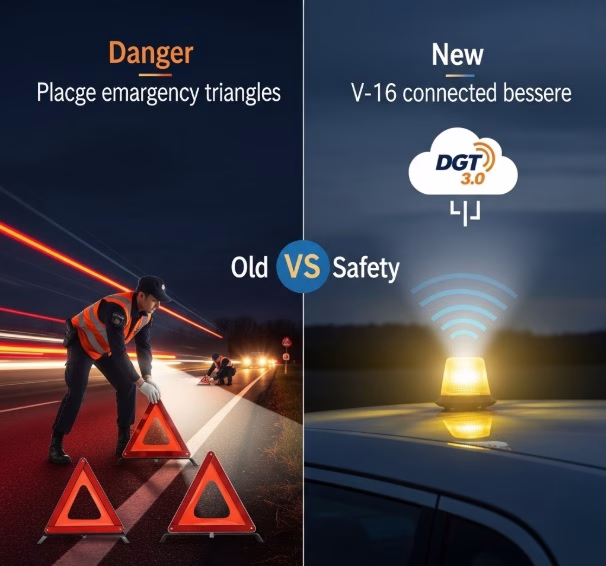 Infografía comparativa mostrando la peligrosidad de los triángulos de emergencia antiguos frente a la seguridad de la luz V-16 conectada con geolocalización DGT 3.0.