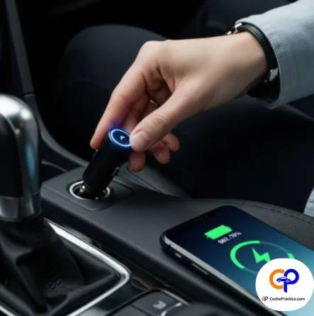 Mano conectando un cargador USB de carga rápida a la toma de corriente del coche, con un móvil mostrando el icono de carga rápida.