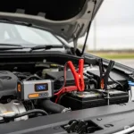 Arrancador de batería portátil conectado a la batería de un coche, mostrando la facilidad de uso del dispositivo