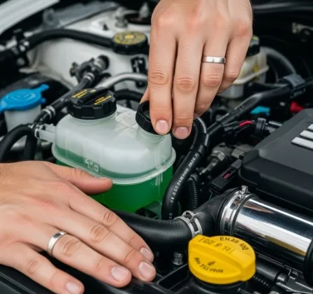 Manos revisando el nivel de refrigerante del coche, con el motor de fondo.