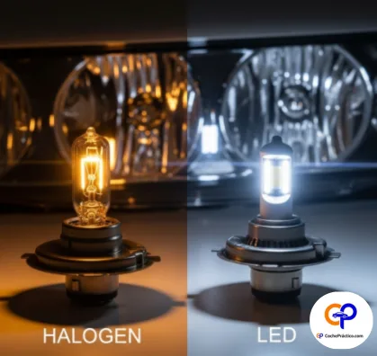 Comparativa lado a lado de una bombilla halógena y una bombilla LED para faros de coche, mostrando la diferencia de luz.