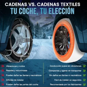 imagen que muestra una comparativa de cadenas de nieve metálicas o textiles